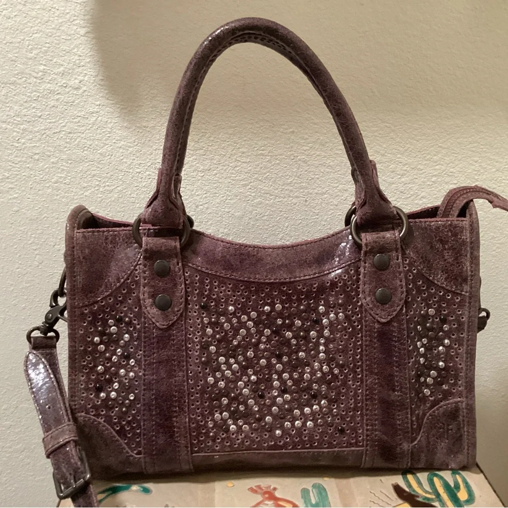 RARE Frye (Deborah) Studded Handbag with Wallet, Dusty Wine - Picture 2 of 16